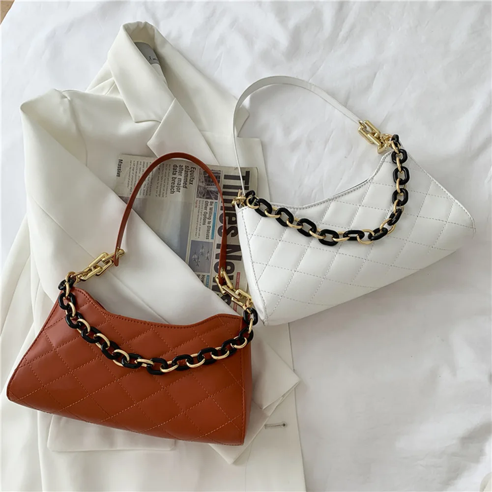 

Vintage Women PU Leather Pure Color Chain Shoulder Underarm Hobos Bag Casual Ladies Lattice Pattern Handbag