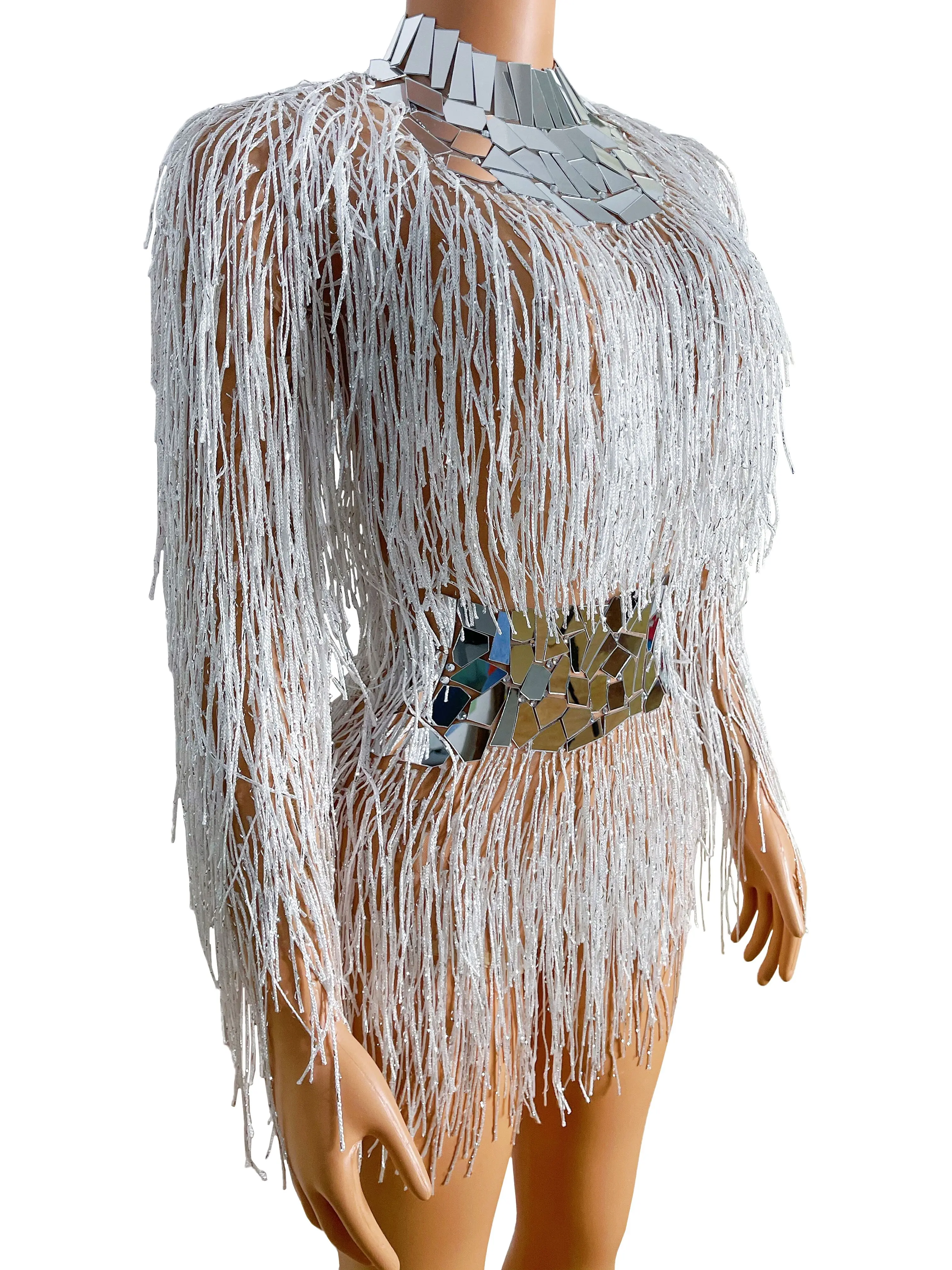 Блестящий боди с зеркальными плечами и серебряной бахромой костюм для