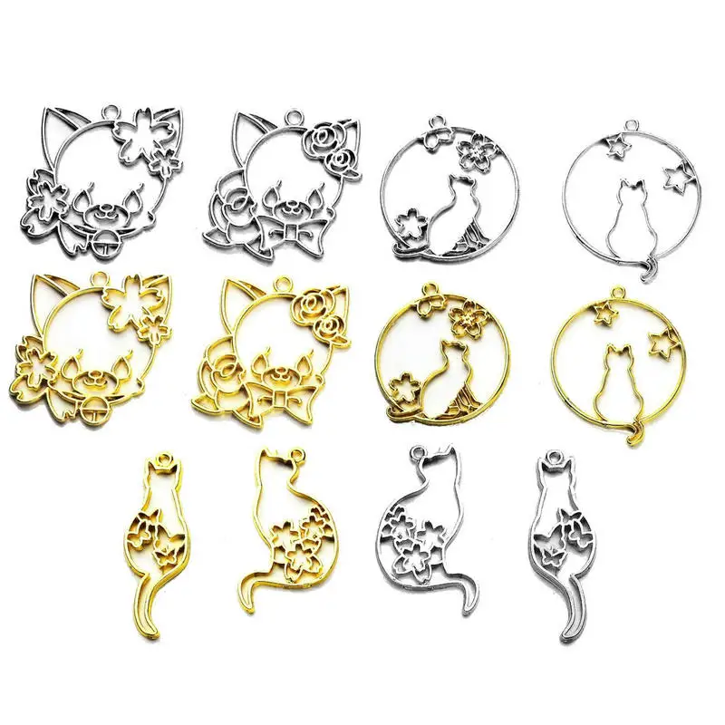 5pcs Sakura Cat Decor Metal Frame Jewelry Fillings Pendant Accessory DIY Charms Handmade Gold Silver UV Resin Open Bezels Craft