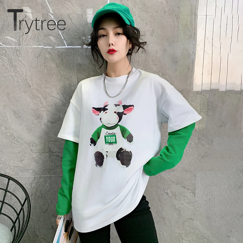 

Trytree 2021 весна-осень, повседневные Модные топы с мультяшным принтом для женщин, цветная Футболка с рукавами в стиле пэчворк, уличная одежда, С...