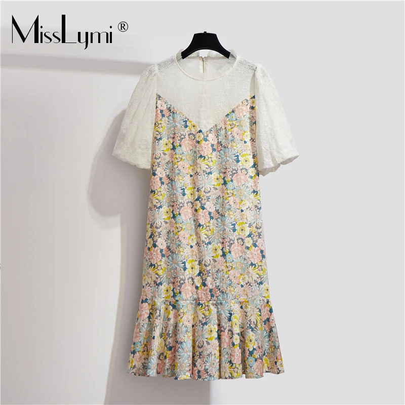 

MissLymi L-4XL Plus Size Women Fake two Pieces Lace Dress Summer 2021 Korean Fashion Short Sleeve Flowers Printing Ruffle Dress