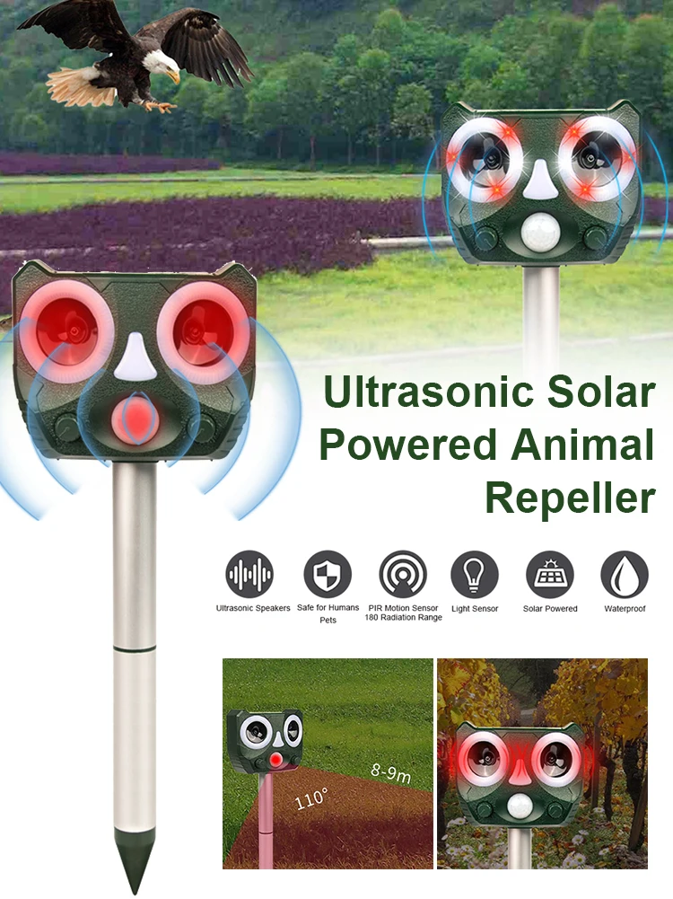 

Outdoor Solar Ultrasonic Animal Repeller Solar Animal Repellent with Flashing Light Waterproof Farm Yard Garden Repeller Tool
