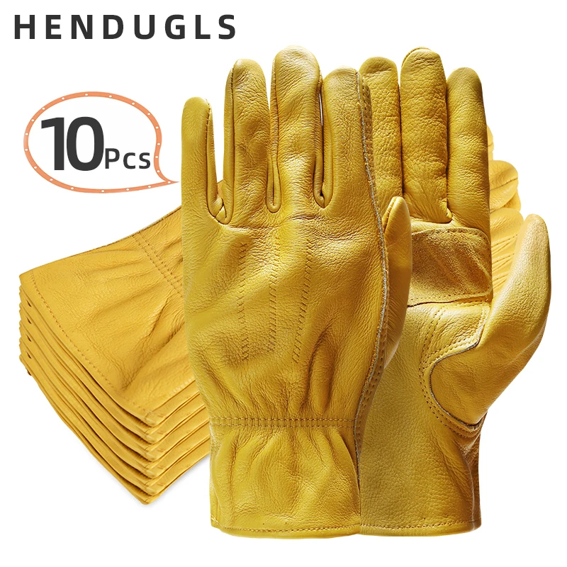 

HENDUGLS 10pcs New Men's Work Gloves Cowhide GlovesLeather Security Protection Wear Men Safety Winter Working Welding Glove 3ZG