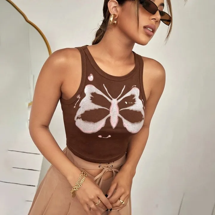 

Crop Top Women Sleeveless Crew Neck Party Women 2021 Corset Lace Up Tube Wrap Tank Butterfly Print Top Summer