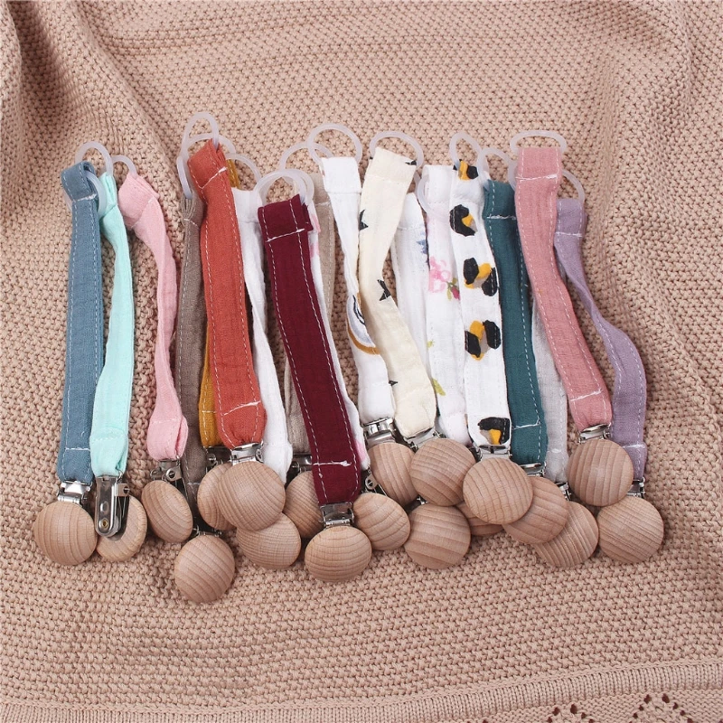 

GXMB Soft Cotton Cloth Printed Pacifier Chain Clip Baby Nursing Teether Soother Holder Beech Wooden Clip DIY Dummy Nipple Holder