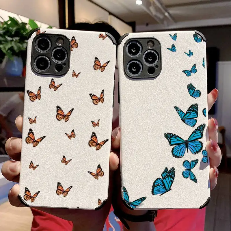 

butterfly blue animal cute lovely Phone Case Lambskin Leather For iphone 12 11 8 7 6 XR X XS PLUS MINI PLUS PRO MAX Shockproof