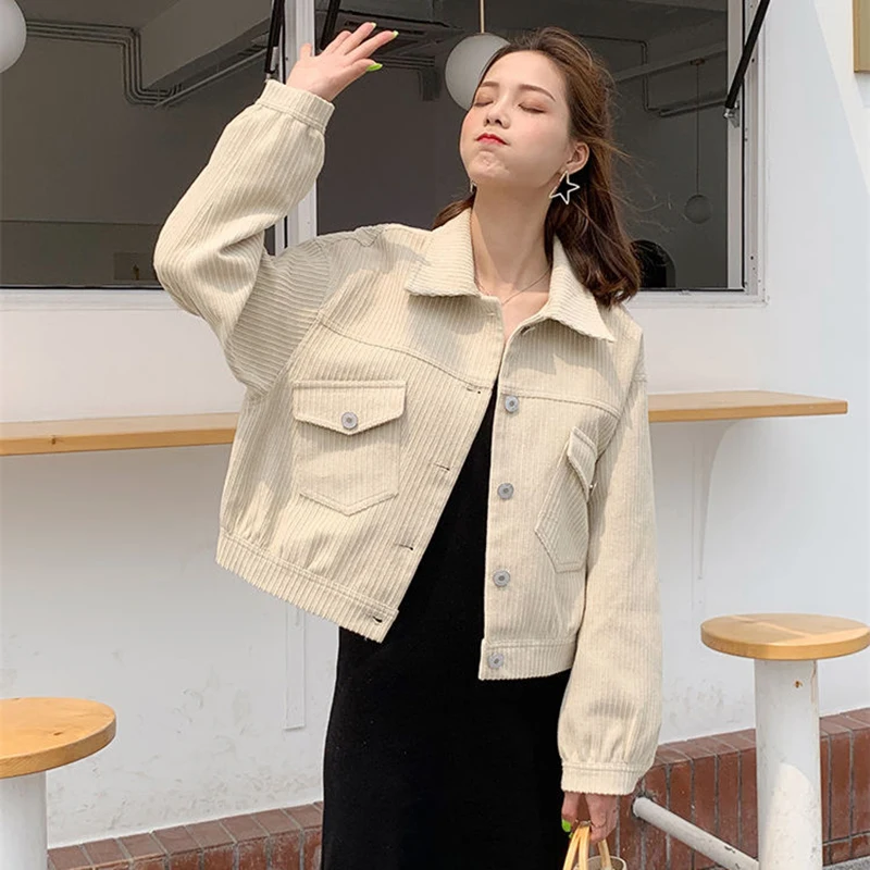 

New Arrival Spring Autumn Korea Fashion Women Long Sleeve Loose Yellow Short Coat Double Pocket Casual Corduroy Jackets S384