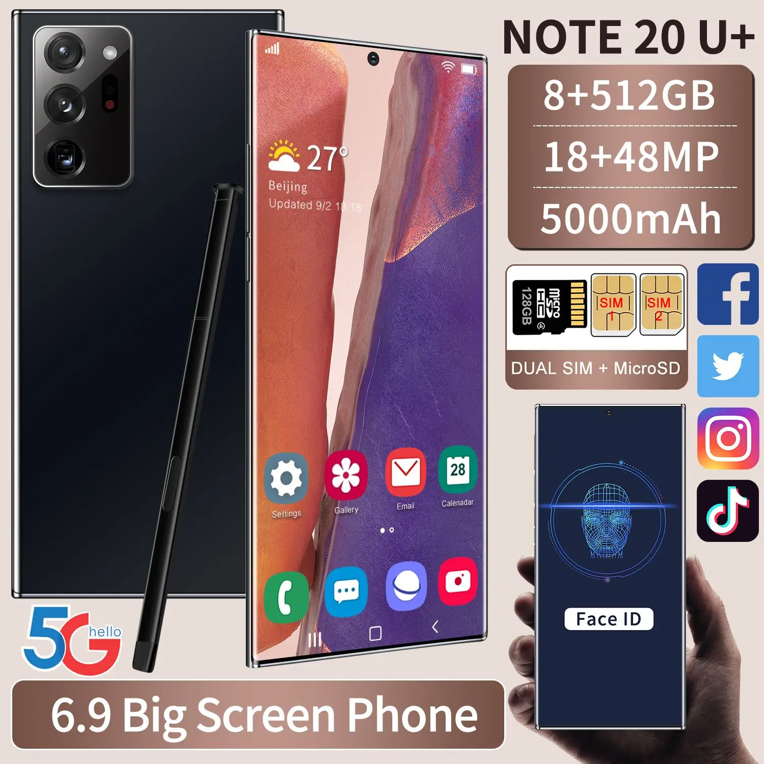 

Note20U+ 6.9" Full HD Screen Smartphone Global Version 4G/5G Network 512GB ROM Dcta Core MTK6889 Cellphone Handset