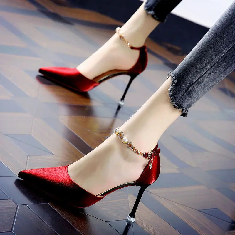 

FAKUNTN single shoes autumn 2021 One word belt new women's shoes red temperament pointed high heels women