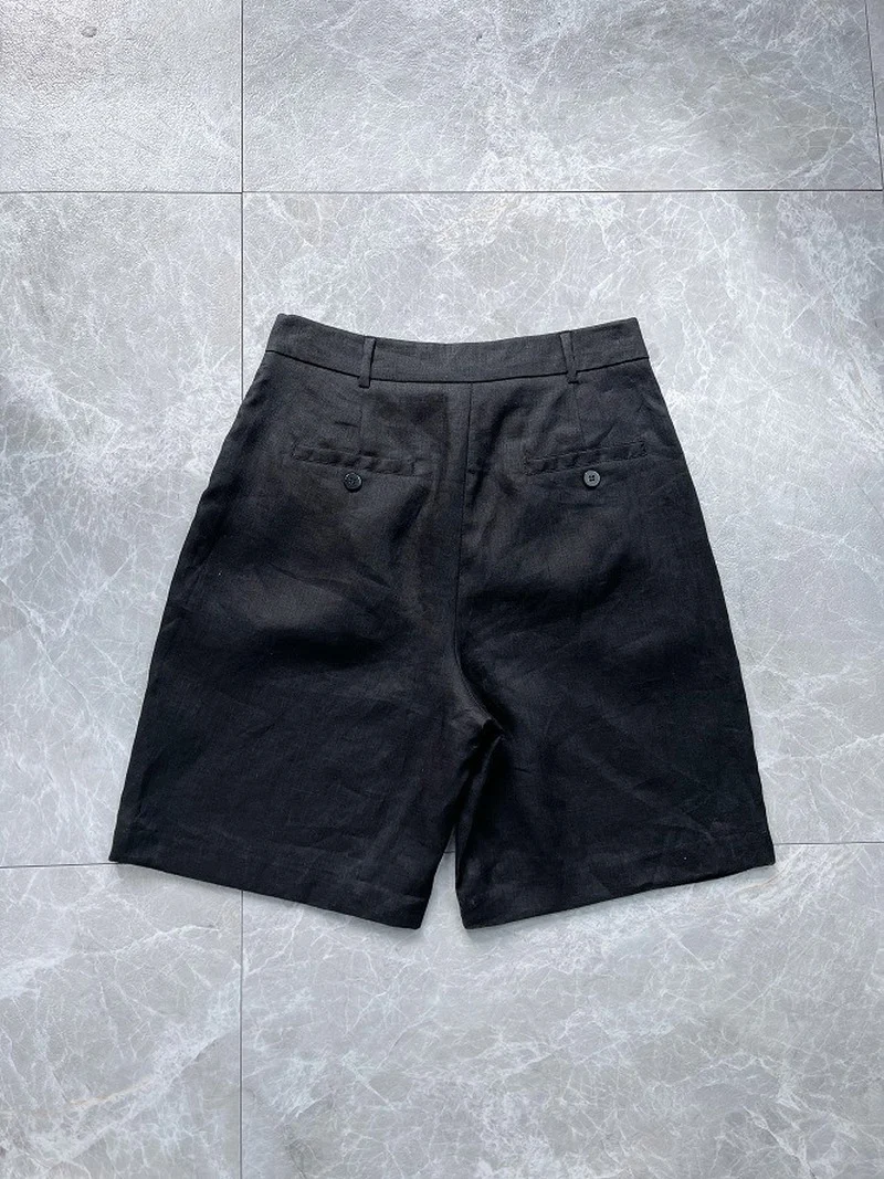 

2021 Summer Black Linen Casual Knee Length Pants