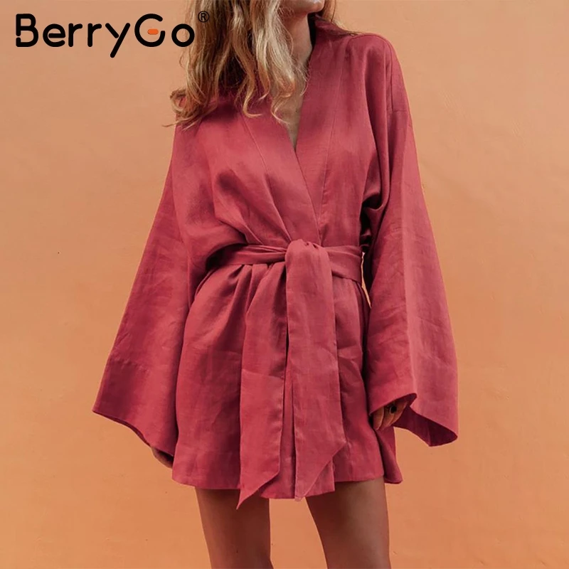 Женское платье-кимоно BerryGo хлопковое белое Повседневное платье с длинным рукавом