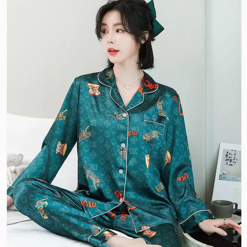 

Весенне-осенний женский пижамный комплект, одежда для сна коричневого цвета с длинными рукавами, шелковая ночная рубашка, роскошная Домашн...