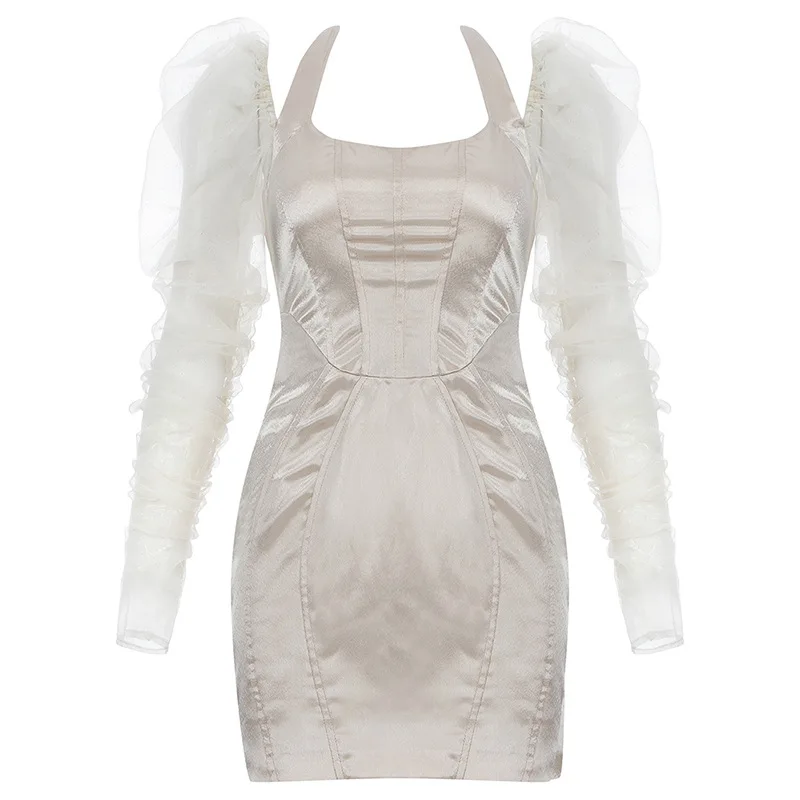 

DEAT Women Apricot Patchwork Gauze High Dress New Square Neck Long Princess Sleeve Slim Fit Fashion Tide Summer 2021 7E0388