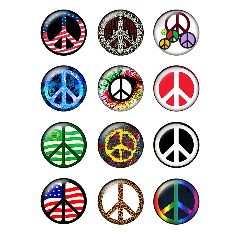 

24pcs/lot Peace Symbol Pattern Glass Cabochons 10mm 12mm 14mm 20mm 25mm Flat Back DIY Jewelry Making Findings & Components T158