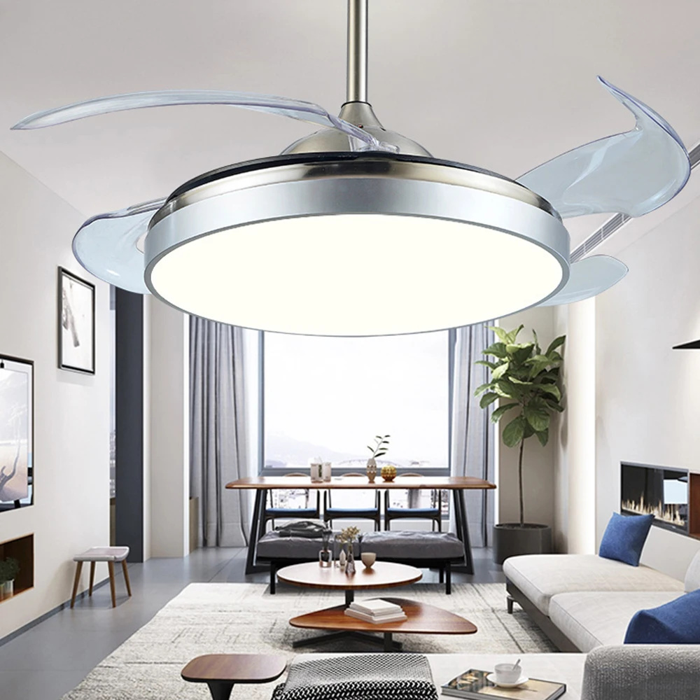 

110V Silent Ceiling fan lamp remote control dimming modern invisible acrylic leaf lamp 42 inch 220V restaurant decora lighting