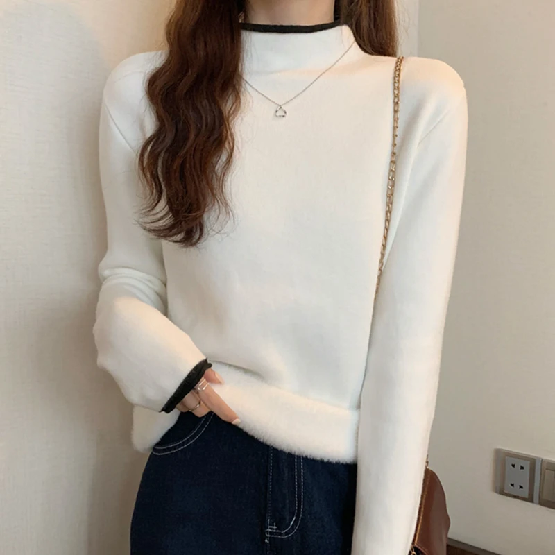 

Autumn and Winter New Style Single-Layer Fleece-Lined Half-High Collar Long Sleeves Pullover Sweater Female Slim Fit