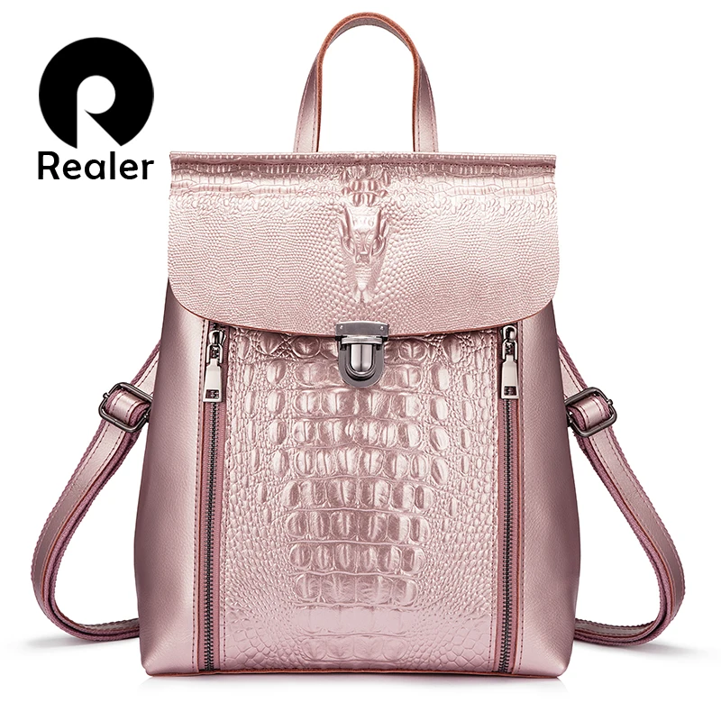 REALER women backpack leather school bags for girl teenagers 2020 crocodile prints waterproof travel bag High quality |