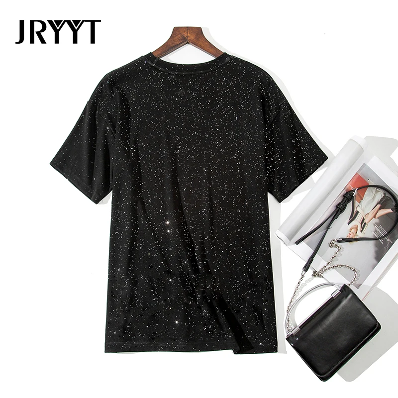 

JRYYT Summer Shiny Basic T-shirt Women Knitted Cotton Sequined Tee Shirts Women Casual Short Sleeves Tops Tees Femme Harajuku