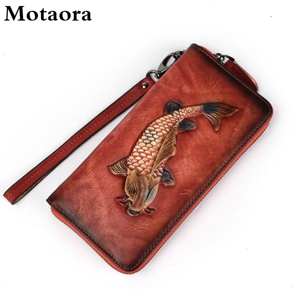 Motaora Women's Wallet Retro Genuine Leather Wallet For Female New Wristband Zipper Cell Phone Bag Golden Fish Engraved Clutches