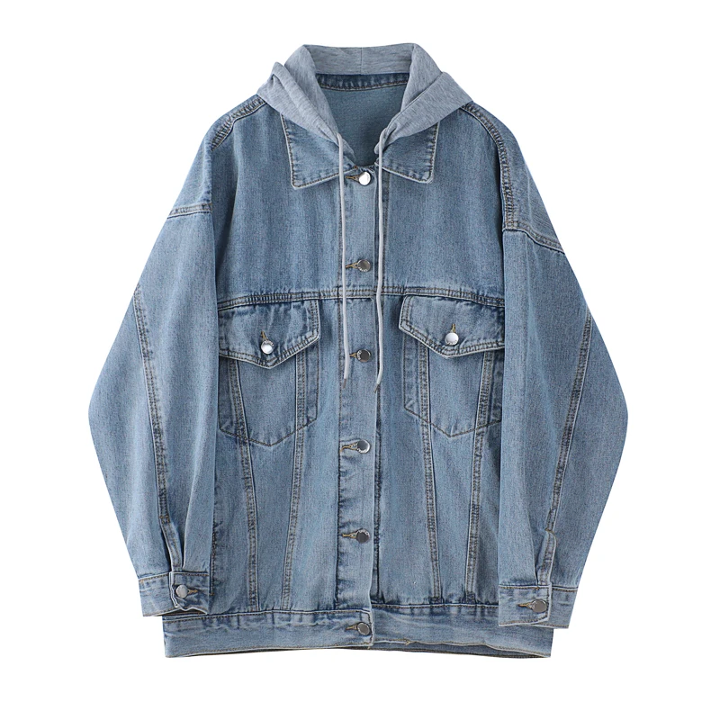 

Women Long Sleeves Denim Jacket Coat Ladies Hooded Polo Collar Fashion Korean Streetwear Blue Outerwear Female Packet Casual Top