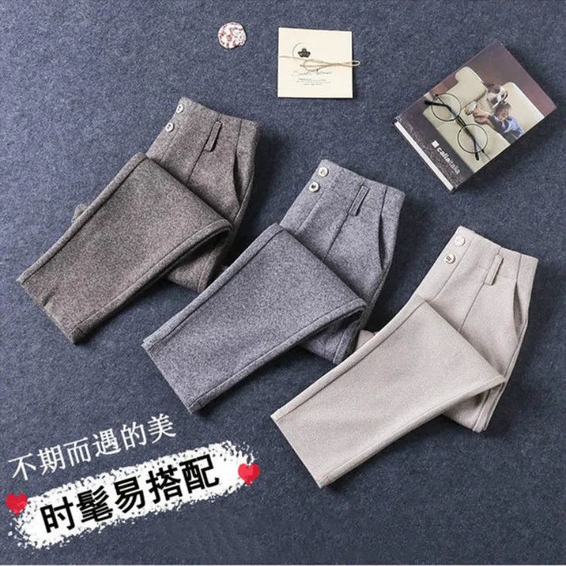 

Шерстяной костюм, брюки, шаровары, женские осенне-зимние брюки с высокой талией для девочек, шаровары до щиколотки с эластичным поясом