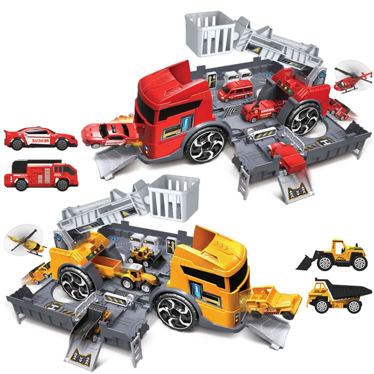 

2 In 1 DIY Engineering Car Deformation Fire Truck Storage Parking Lot Kids Toy Set Baby Excavator Vehicle Toys Gift