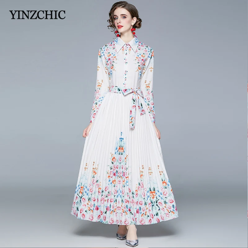 

New Woman Spring Pleated Maxi Dress Turn-down Collar Female Elegant Party Skirt Slim White Floral Long Skirts Femme Vestidos