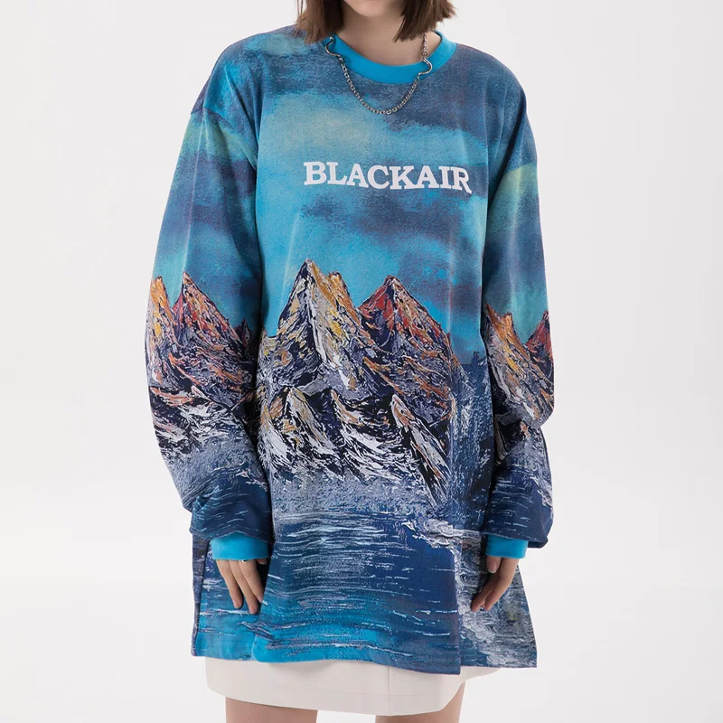 

Bonita Vida Oversized Tees Shirts Streetwear Hip Hop 3D Mountain Painting Long Sleeve Tshirts Harajuku Punk Rock Loose Tops