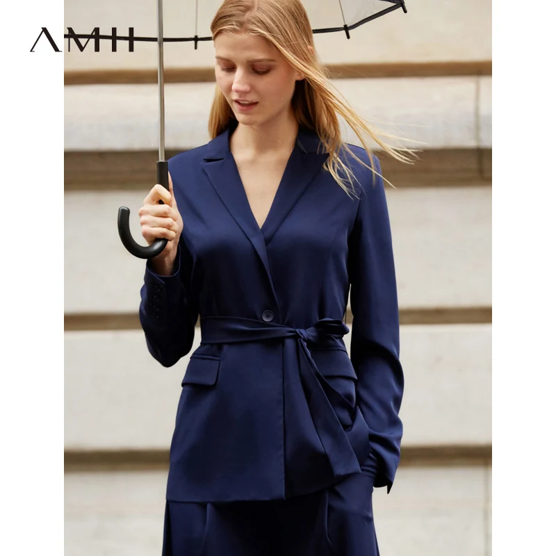 Amii Office Lady Two Piece Set Spring Women Fashion Solid Long Sleeve Lace Up Blazer Wide Leg Pants 11940067 |
