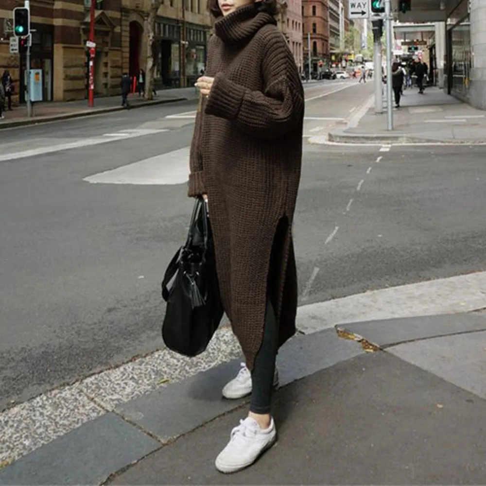 Женское длинное платье свитер с высоким воротом элегантное базовое трикотажное