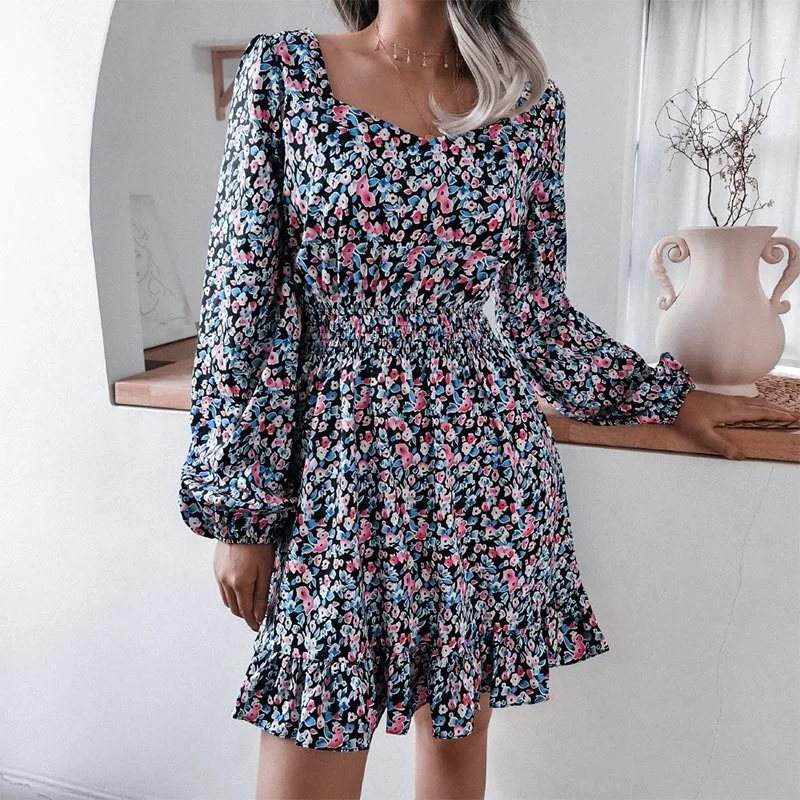 

Women's Dress Spring Floral Print Chiffon Square Collar Lantern Sleeve Ruffle Dresses Female 2021 Short Pleated Ladies Clothes