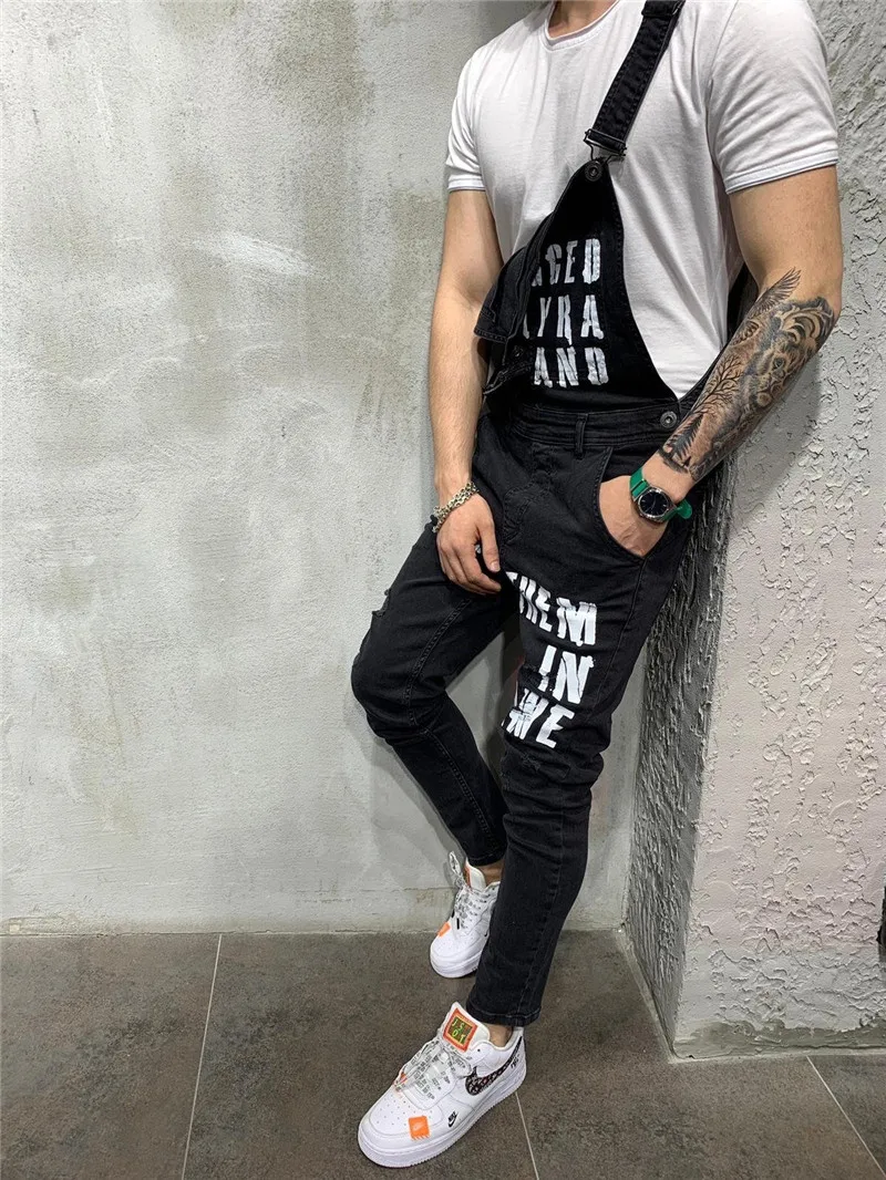 

Men's Ripped Jeans Printed letters Jumpsuits Street Distressed Denim British style Bib Overalls Man Suspender Pants Work Clothes