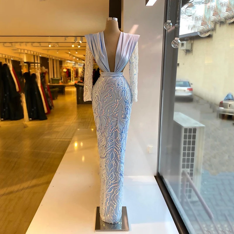 

Thinyfull Blue Long Sleeve Prom Dress Sexy Sequines Floor Length Mermaid Deep V-neck Evening Dresses Dubai Arabic Custom Made
