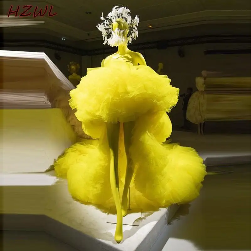 

Bright Yellow High Low Prom Dresses Ruffles Tutu Puffy Tiered Long Tulle Evening Gowns robes de cocktail Celebrity Wear