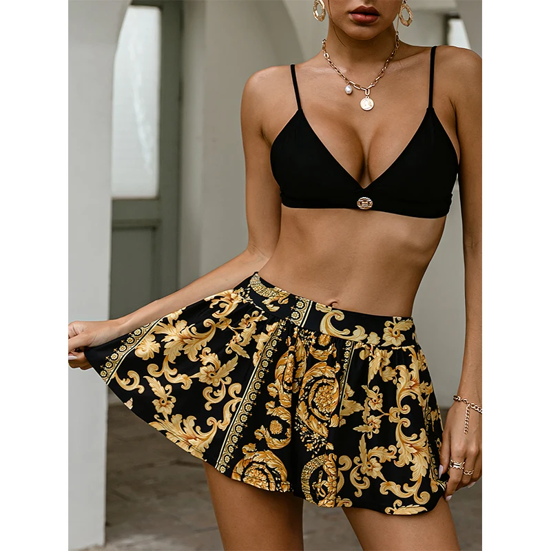 

3-piece paisley skirt swimsuit women's swimming suit Black triangle bikini set High waist swimwear Sexy bathing suit 2021 New