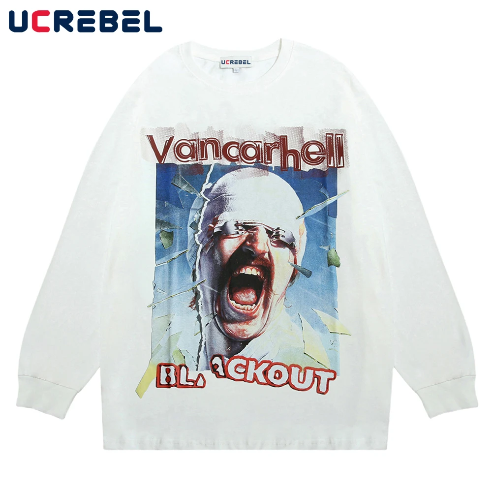 

Spoof Character Print Long Sleeve T-shirt Mens High Street Crew Neck Cotton Tee Streetwear Loose Casual T Shirt Men