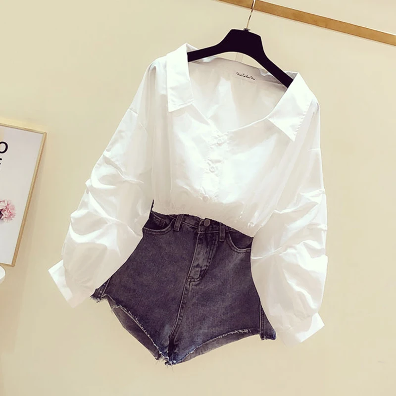 

Elegant Off shoulder Top Long sleeve Tunic Blouses Women Button Up White Shirt Turn down Collar Casual