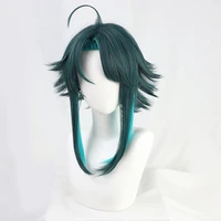genshin impact xiao wig cosplay dark green synthetic short straight heat resistant hair adult women halloween free wig cap