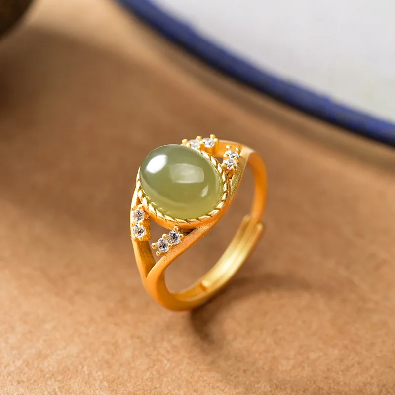 

New Silver Inlaid Natural Hetian Green Jade Ring Luxury Women Charm Opening Adjustable Ring Fine Jewelry K0012