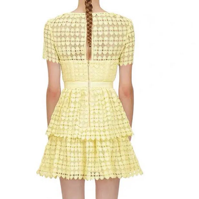 SMTHMA 2022 New Arrival Summer Yellow Dress Women Short Sleeve Lace Slim Hollow Out Female Mini Dresses Vestidos | Женская одежда