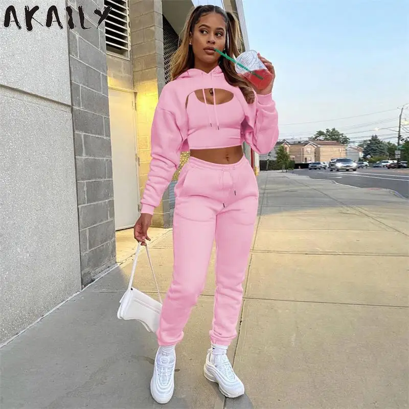 Akaily Autumn Fleece Pink 3 Three Piece Sets Tracksuit Women Outfits Sweatsuits Long Sleeve Hoodies Crop Top And Pants Sets Suit