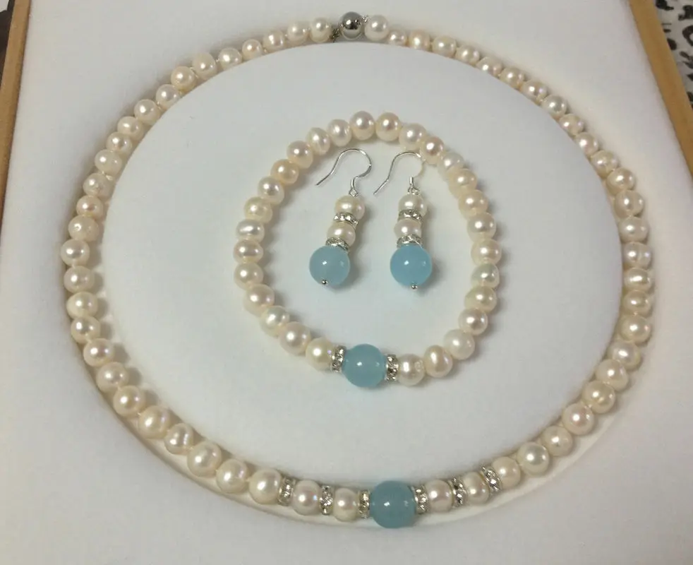 

NEW 7-8mm White Pearl Aquamarine Necklace Bracelet Earring Set AAA