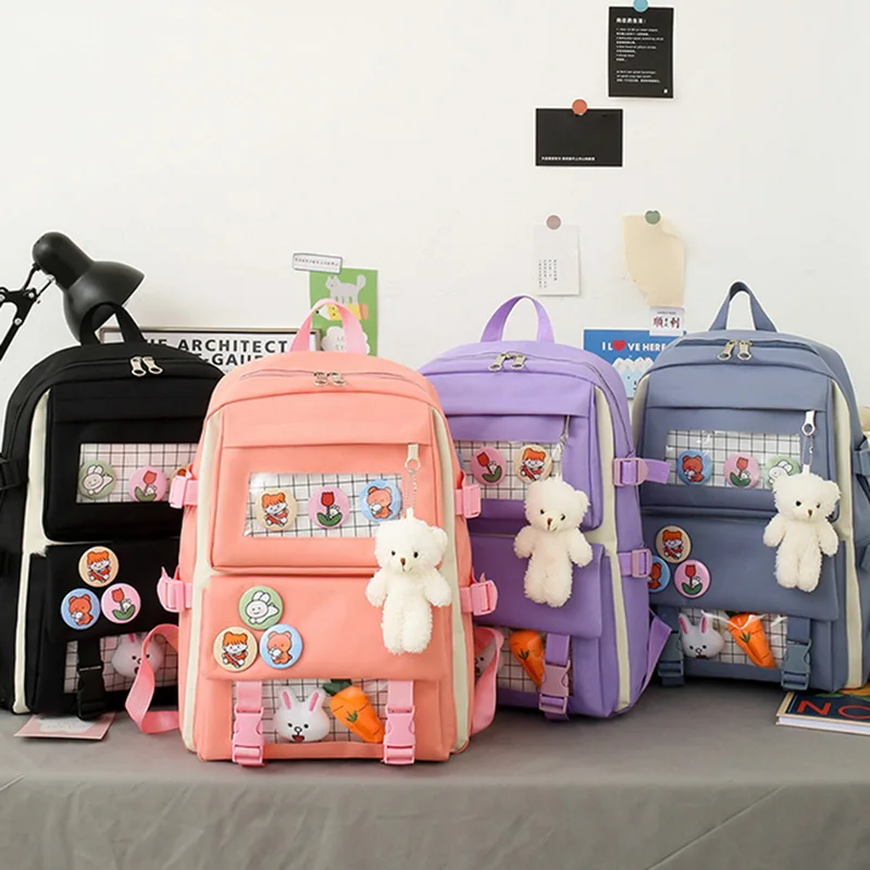 

2021 4Pcs/set Canvas School Backpacks Women Lovely School Bags For Teenage Girls Bookbags Students Travel Shoulder Bags Female