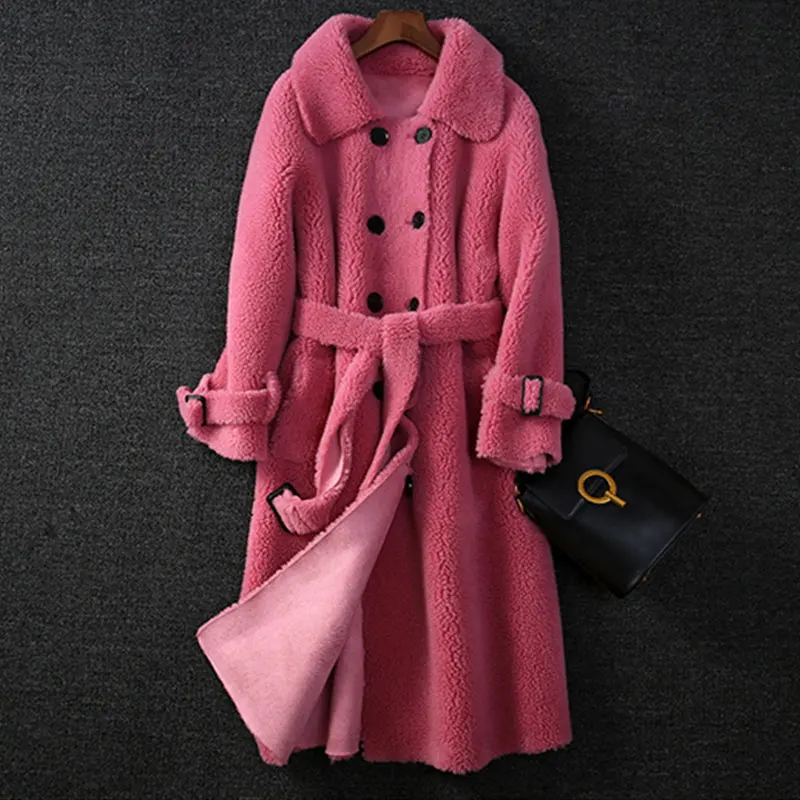 Rose red Зимнее пальто женские ветровки натуральная шерсть ягненка МЕХ ОВЧИНА искусственная кожа Длинный Тренч пальто двойной груди куртка шуба - Цвет: Rose red