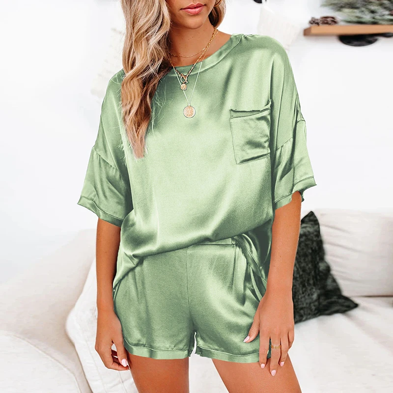 

New Women 2 Piece Set Homewear Elegant O Neck Pullover Tops And Loose Shorts Home Suit 2021 Lady Spring Summer Pajama