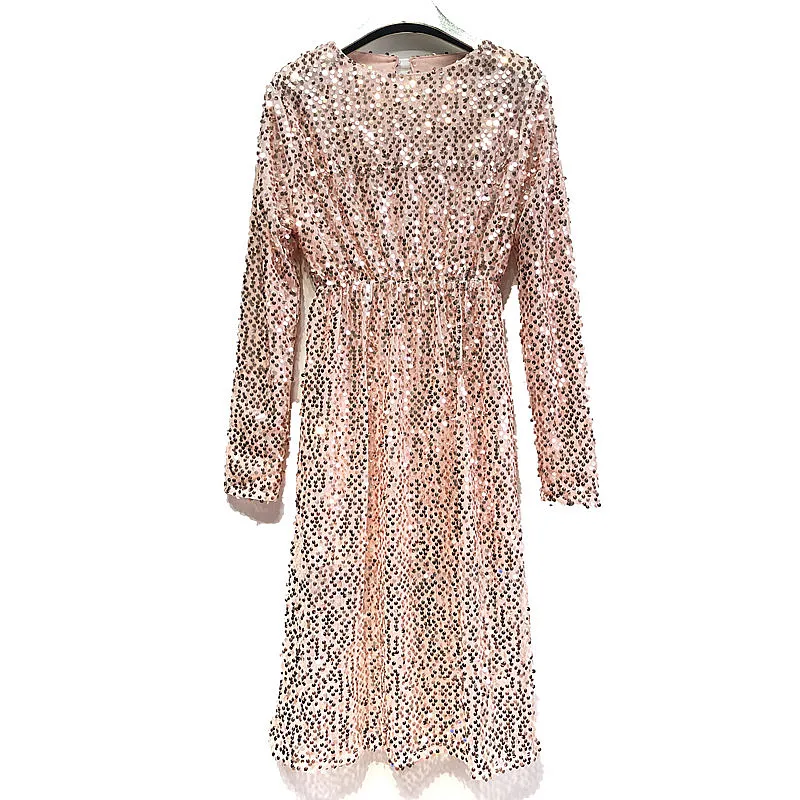 

Women Wedding party dress long-sleeved bottoming Bling glittering sequins slim slim high-waisted dress vestidos Female D0332