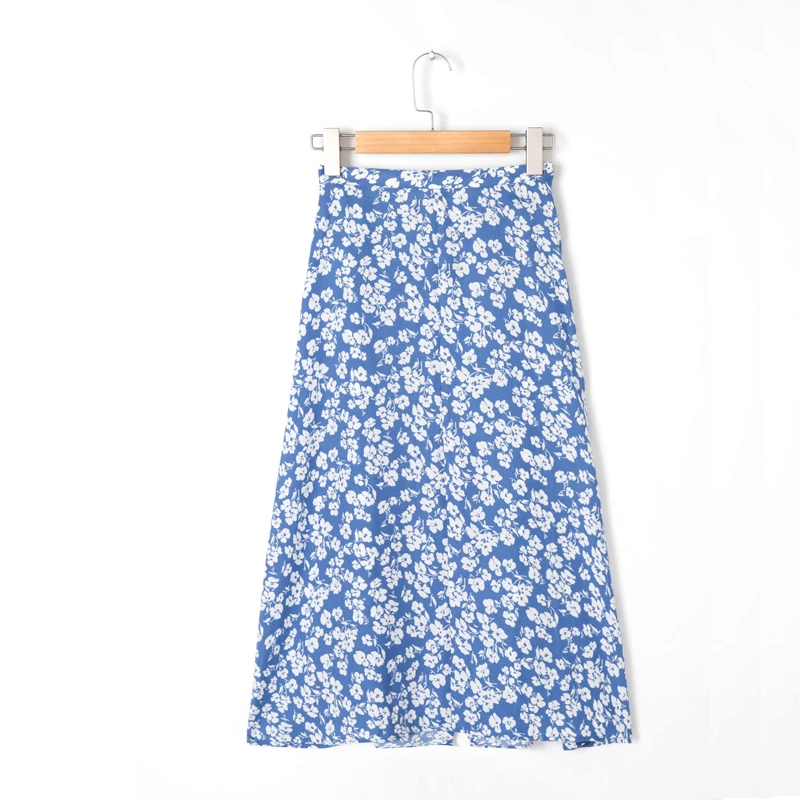 

Summer women's casual flower print high-waist split skirt