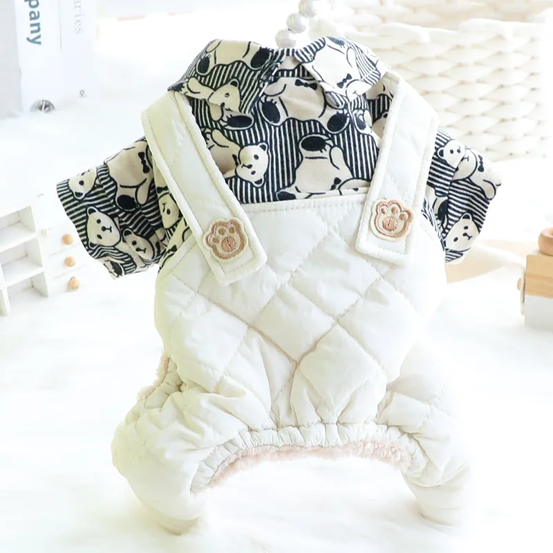 

Beige Blue Colors Bear Printed Cheap Dog Clothing for 2021 Autumn and Winter Pet Dog Clothes Cartoon Design Dog Warm Overalls