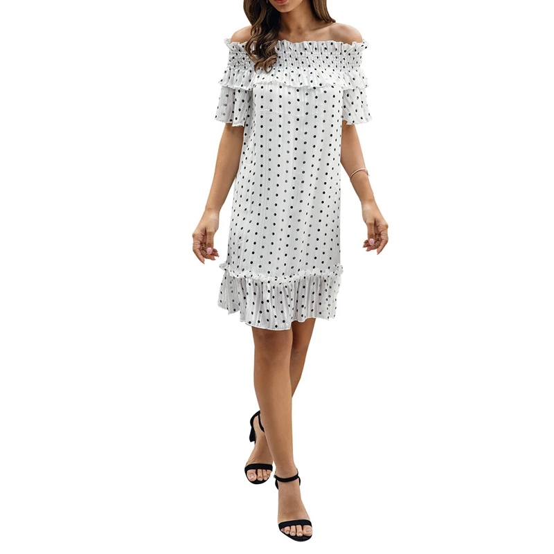 

Летнее платье в горошек с открытыми плечами, женское повседневное мини-платье выше колена с вырезом лодочкой и оборками