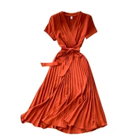 new summer women sexy v neck short sleeve sashes slim long dress fashion patchwork solid color pleated dress